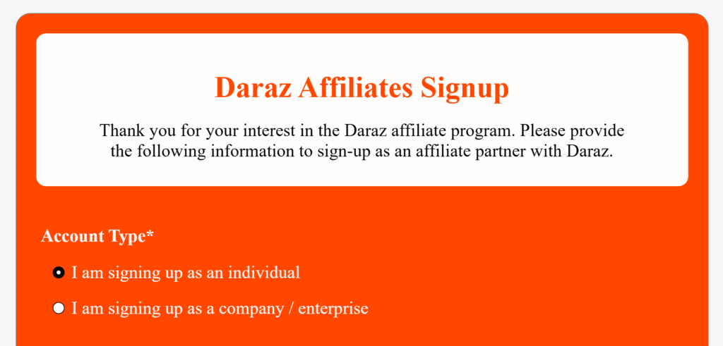 Daraz affiliate program signup form